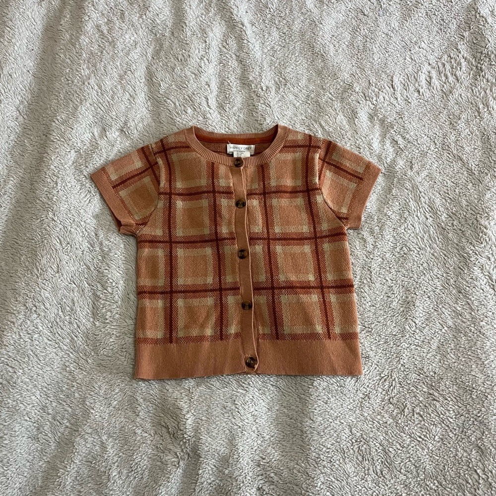 Happily Grey Kids Plaid Short Sleeve Cardigan - Rust & Cream Knit